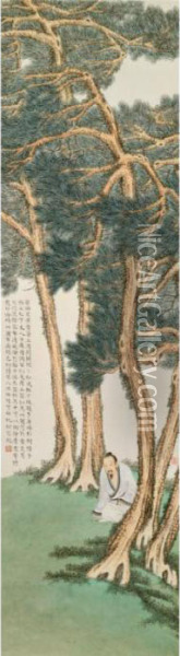 Scholar In The Pine Forest Oil Painting - Yu Ming