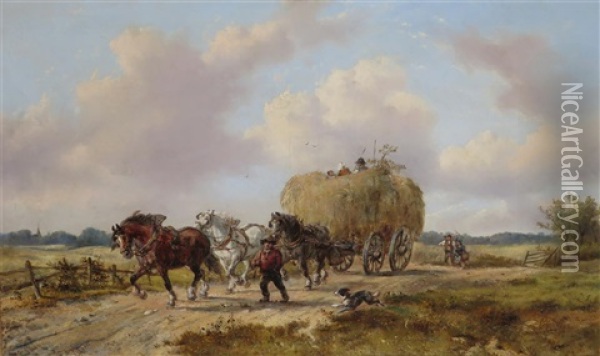 A Hay Wain In A Landscape Oil Painting - Alexis de Leeuw