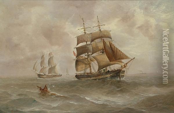 Merchantmen In A Choppy Sea, A Steam Vessel On The Horizon Oil Painting - T. Edwards