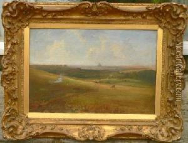 Moorland Landscape With Abbey Oil Painting - Alfred G., H., Or Sr Vickers