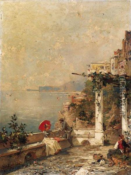 An Artist Sketching On A Balcony, With Amalfi Beyond Oil Painting - Franz Richard Unterberger