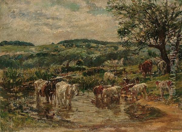 Cattle Watering, An Extensive Landscape Beyond Oil Painting - William Mark Fisher