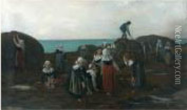 Ramasseuses De Goemon En Bretagne Oil Painting - Charles Victor Thirion