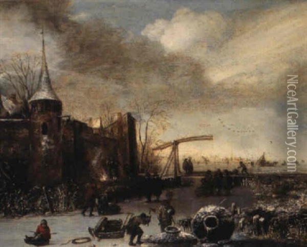 Winter Landscape With A Castellated Manor House And Figures On Ice Oil Painting - Jan Van De Cappelle