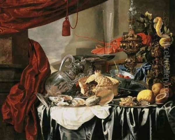 A Pronk Still Life With A Silver Jug, Oysters On A Pewter Plate, A Nautilus-shell, A Pie, A Silver Tazza, A Tall Flute, Fraises De Bois In A Wanli Bowl, A Lemon And A Spoon... Oil Painting - Christiaan Luycks