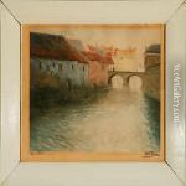 Canal Scene, Presumeably From Antwerp Oil Painting - Fritz Thaulow