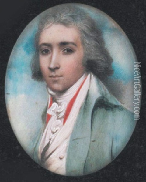 A Young Handsome Gentleman Wearing Pale Green Coat, White Waistcoat, Frilled Cravat And Red Scarf, His Hair Powdered Oil Painting - Andrew Plimer