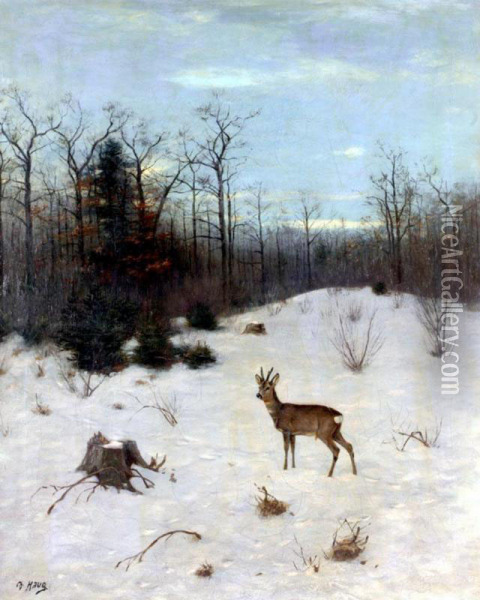 Winter Landscape With Deer Oil Painting - Christian Haug