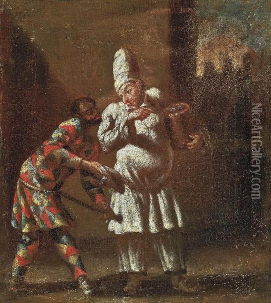 Harlequin And Trivelino Oil Painting - Giovanni Domenico Ferretti