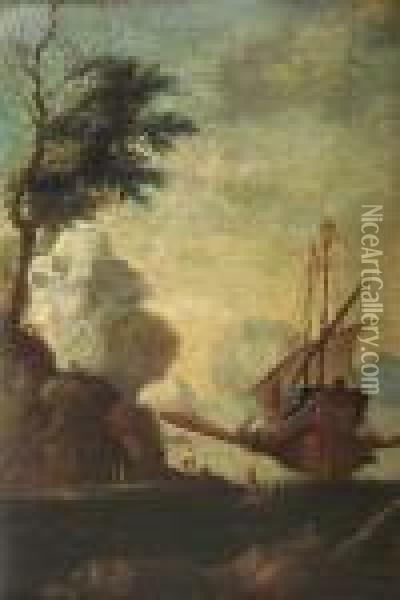 On The Italian Coast With Ship And Figures Oil Painting - Adriaen Van Diest