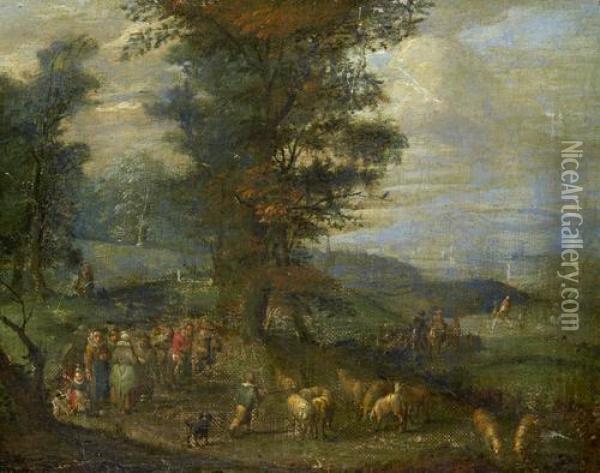 Sheep And Peasants In A Landscape Oil Painting - Karel Beschey