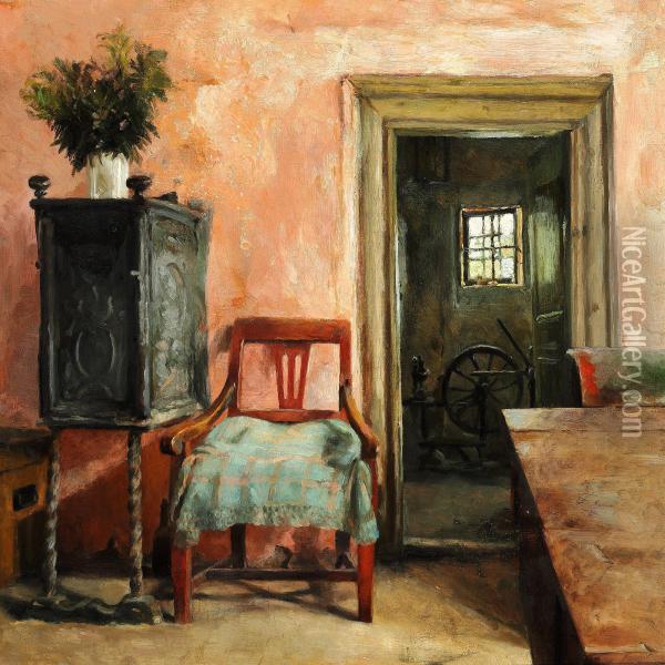 Rosy Interior With A Cast Iron Oven And A Spinning Wheel In The Room Next Door Oil Painting - Marie Martha Kroyer