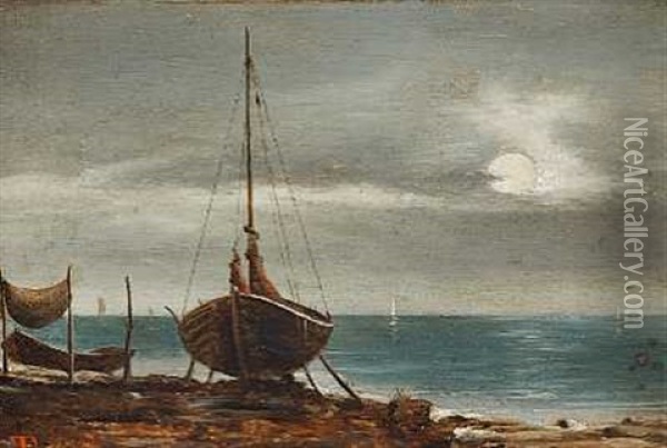 Sejlskibe I Middelhavet (+ Maneskin Over Kystparti; 2 Works) Oil Painting - Christian Frederik Ferdinand Thoming