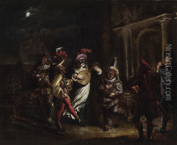 A Theatrical Musical Company Wearing Masks Performing Their Act For Spectators Oil Painting - Willem Cornelisz Duyster