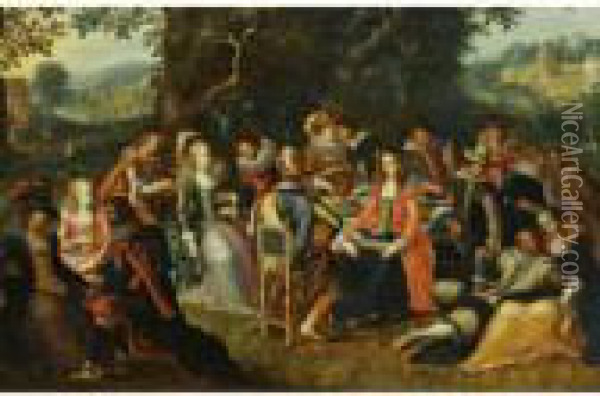 An Elegant Company Dining And Making Music In A Forest Landscape Oil Painting - Louis de Caullery