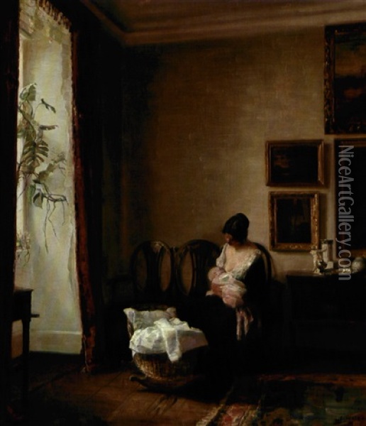 Interior Med Moder Og Barn Belyst Af Eftermiddagssolen Oil Painting - Carl Vilhelm Holsoe