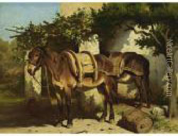 Donkeys Outside A Stable Oil Painting - Wouterus Verschuur