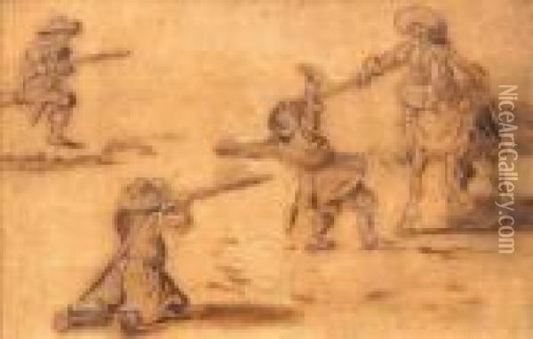 Scene De Combat Au Fusil Et Pistolet Entre Des Fantassins Et Un Cavalier Oil Painting - Esaias Van De Velde