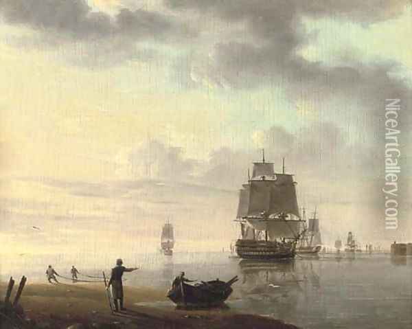 Men-o'war and other shipping in an offshore anchorage Oil Painting - Johannes Hermanus Koekkoek