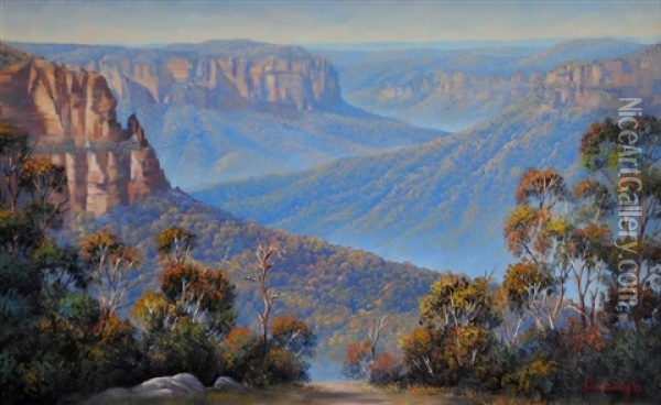 Sunlit Ramparts. Grose Valley Oil Painting - John Bradley