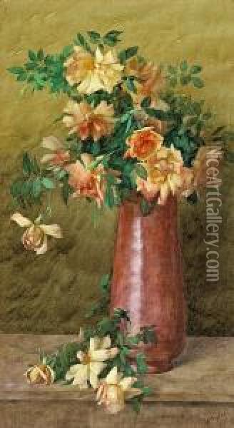 A Vase Of Roses Oil Painting - Albert R. Valentine