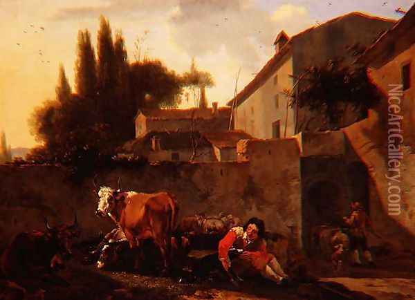 A Shepherd and cattle in the courtyard of an Italian farm Oil Painting - Willem Romeyn