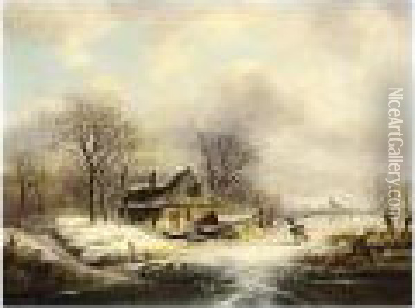 A Winter Landscape With Figures On A Frozen River Oil Painting - Johannes Petrus van Velzen