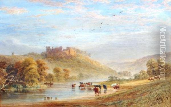 Ludlow Castle, Shropshire With Cattle Watering In The Foreground Oil Painting - Thomas Watt Cafe