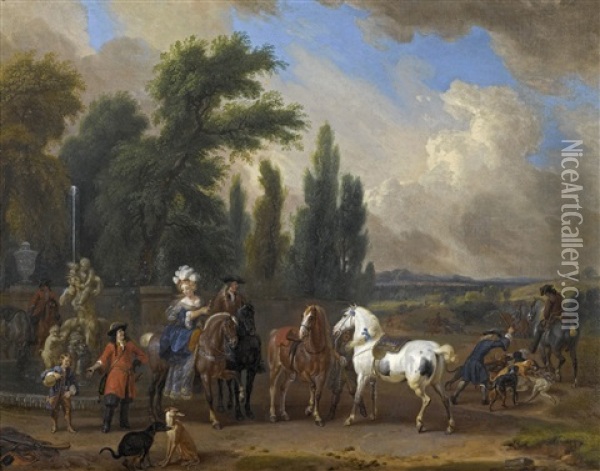 A Hunting Company In A Landscape Oil Painting - Dirk Maes