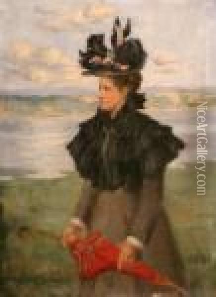 Showing Lady Holding Red Parasol Standing Before Irish Lough Oil Painting - John Lavery
