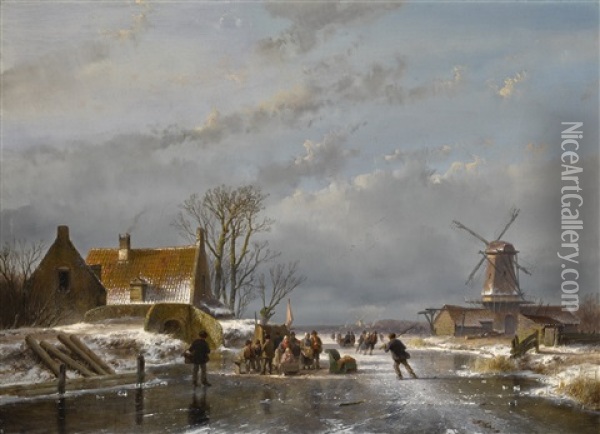 Winter Landscape With Skaters And A Koek-en-zopie Oil Painting - Andreas Schelfhout