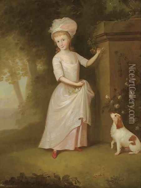 Portrait of a young girl, full-length, in a pink dress, in a garden, a spaniel by her side Oil Painting - Thomas Hickey