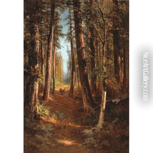 A Wooded Landscape With A Red Fox Oil Painting - Thomas Hill