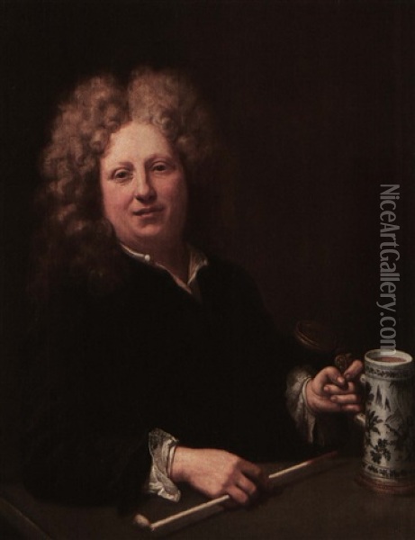 Portrait Of A Gentleman At A Table Holding A Covered Mug Andpipe Oil Painting - Nicolas de Largilliere