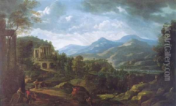 An Arcadian Landscape With Classical Figures In The Foreground, A Ruined Roman Temple, A River And An Extensive Mountain Landscape Beyond Oil Painting - Johann Franciscus Ermels
