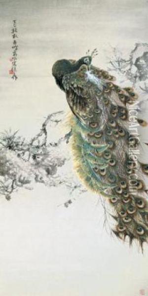 Green Peacock By Old Pine Oil Painting - Gao Qifeng