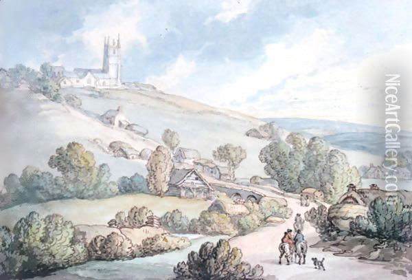 Figures On A Track Approaching St.Cullum's Church, Cornwall Oil Painting - Thomas Rowlandson