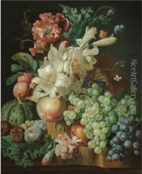 Still Life With Lilies, Carnations And A Poppy In A Wicker Basket,with Grapes, Medlars, Plums, Gooseberries And A Melon On The Marbleledge Beneath Oil Painting - Paul-Theodor Van Brussel
