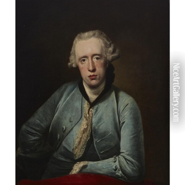 Portrait Of David Gavin Of Langton House, Berwickshire, Half-length, Wearing A Blue Coat And A Lace Jabot, Leaning On A Red Chair Oil Painting - Francis Cotes