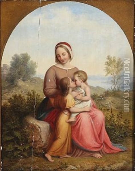 Virgin Mary With Baby Jesus And The Little John The Baptist Oil Painting - Johann Ludwig Gebhard Lund