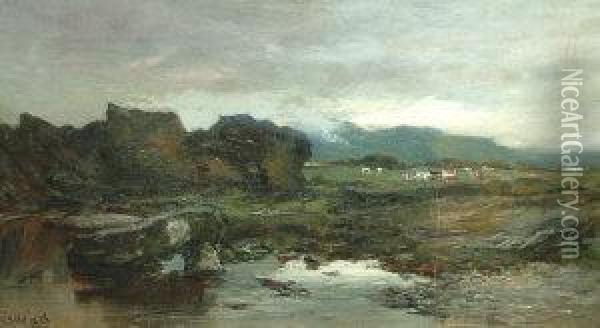Cattle Grazing By A Pool In A Highland Landscape Oil Painting - James Campbell Noble