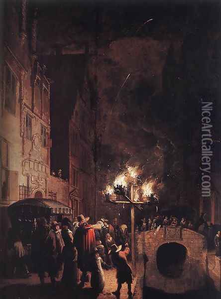 Celebration by Torchlight on the Oude Delft Oil Painting - Egbert van der Poel