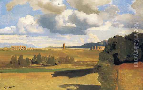 The Roman Campagna with the Claudian Aqueduct Oil Painting - Jean-Baptiste-Camille Corot