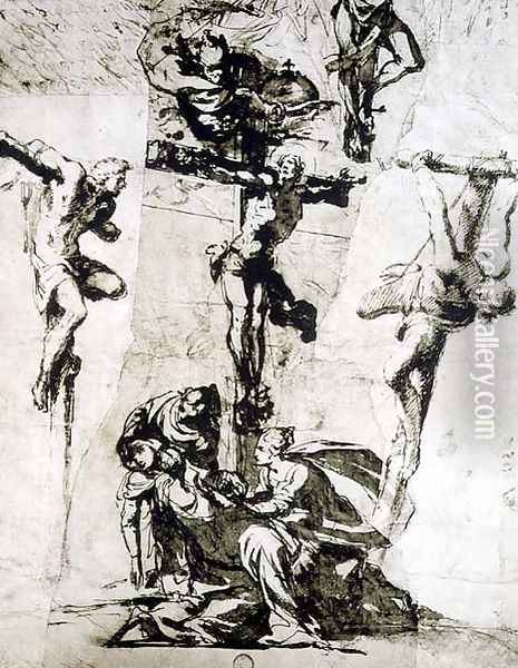 Study of the Crucifixion and the Swooning Virgin Oil Painting - Domenico Tintoretto