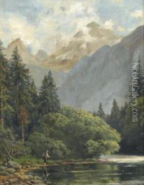 Landschaft Bei Berchtesgaden Mit Angler Am Flussbett. Oil Painting - Ernst Von Bernuth
