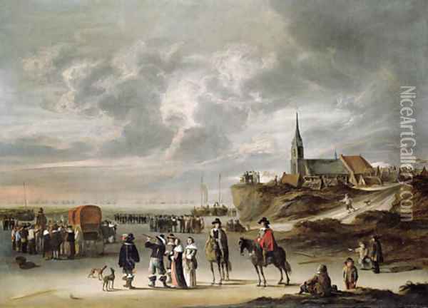 Elegant company on the beach ar Egmond aan Zee, a naval battle beyond Oil Painting - Cornelis Beelt