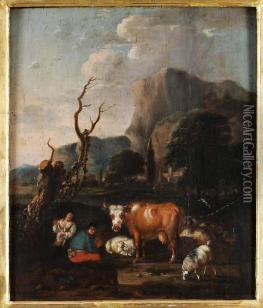 Pastoralt Landkspa Med Herdefamilj Med Boskap Oil Painting - Nicolaes Berchem