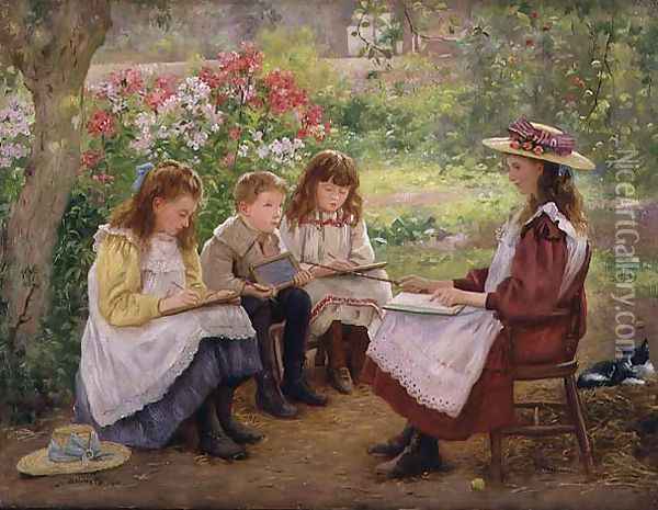 Lesson in the Garden, 1900 Oil Painting - Ada (nee Holland) Shirley-Fox