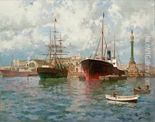 Vista Del Puerto De Barcelona Oil Painting - Francisco Hernandez Monjo