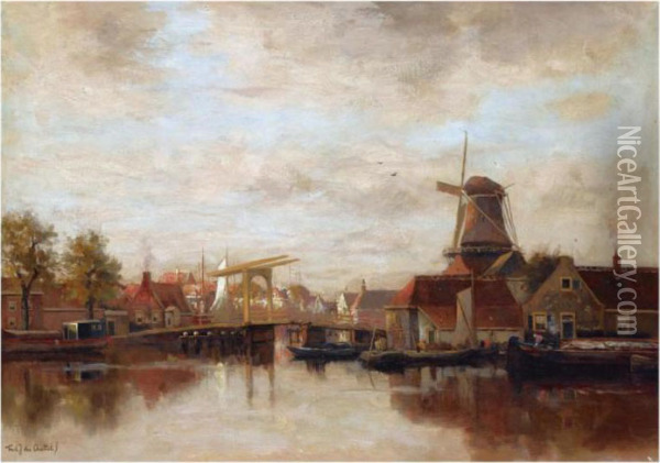 A View Of A Town On The River Vecht Oil Painting - Fredericus Jacobus Van Rossum Du Chattel